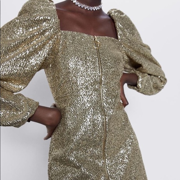 Zara Dresses & Skirts - ZARA Gold Sequin Puff Sleeve Zip Front Mini Dress